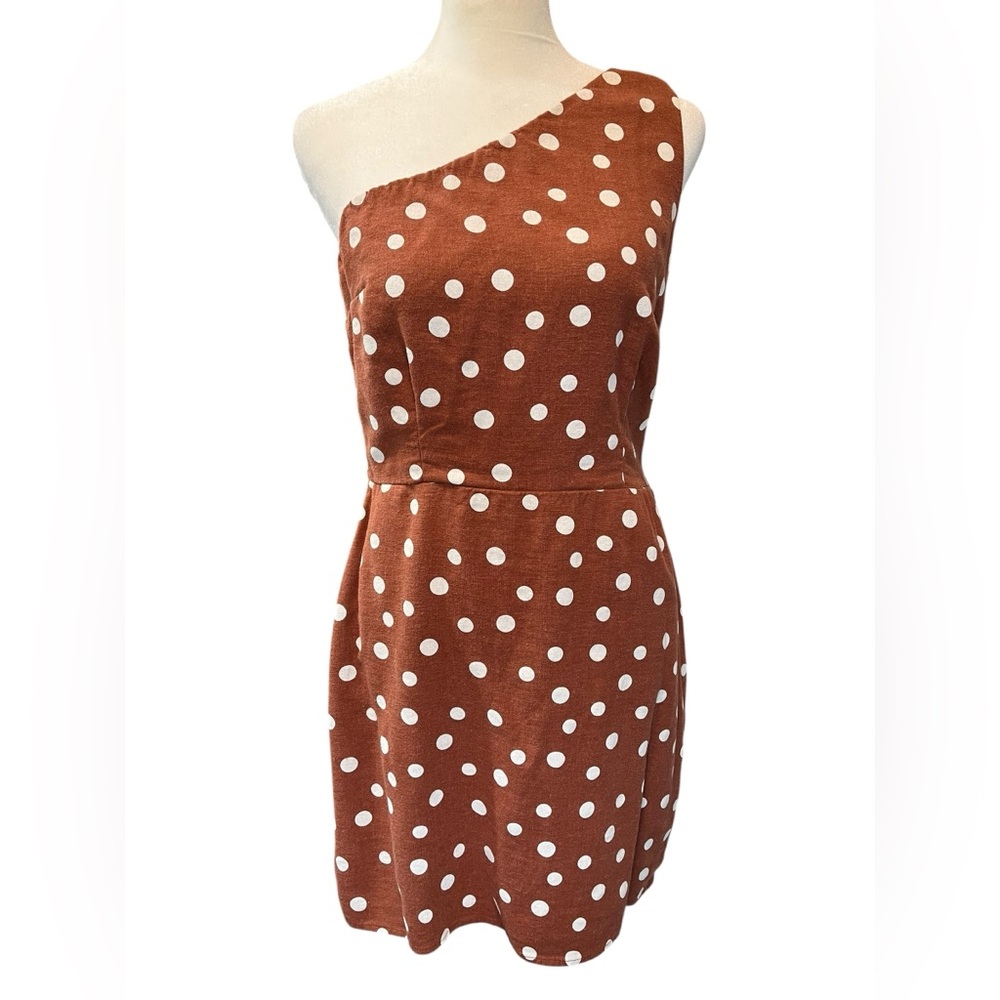 A&F Woman’s Brown and White Polka Dot Linen Blend One Strap Mini Dress - Medium